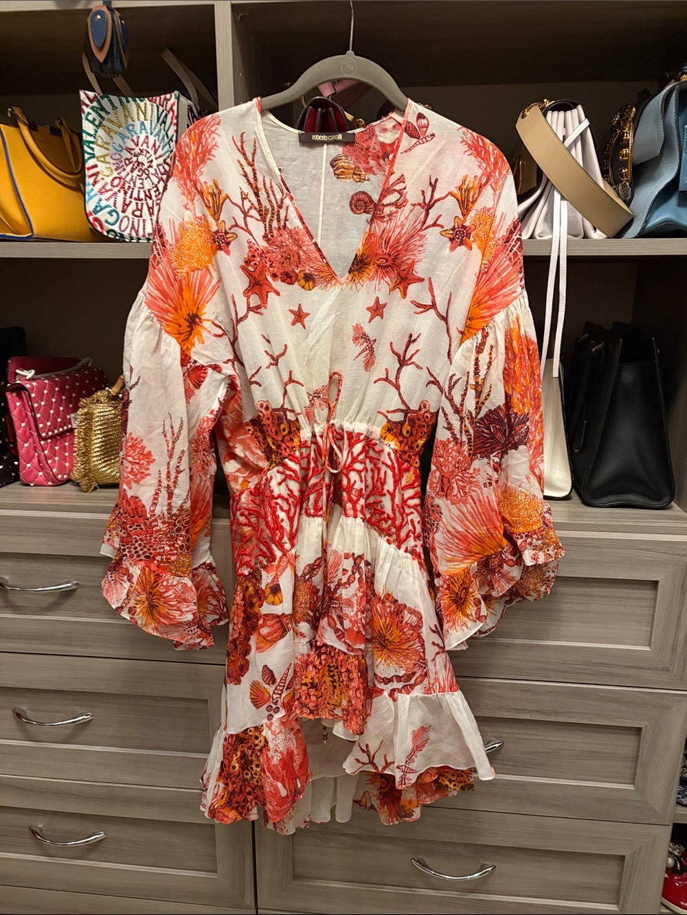 Roberto Cavalli Mini Dress with Orange & Red Coral Print